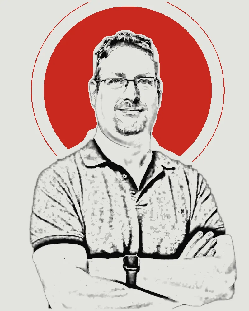 Ink drawing of Idan Yatziv, arms crossed, in front of a red circle